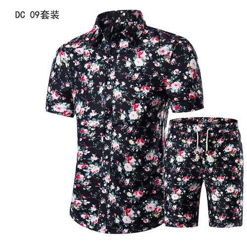 YASUGUOJI New Summer 2019 Fashion Floral Print Two Piece Suit Pant Slim Fit Short Sleeve Shirt with Shorts 2 Piece Men Sets