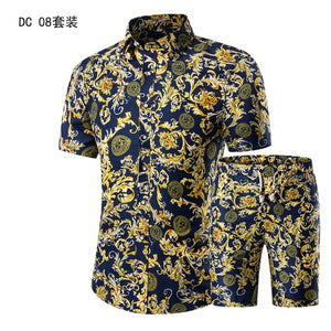 YASUGUOJI New Summer 2019 Fashion Floral Print Two Piece Suit Pant Slim Fit Short Sleeve Shirt with Shorts 2 Piece Men Sets