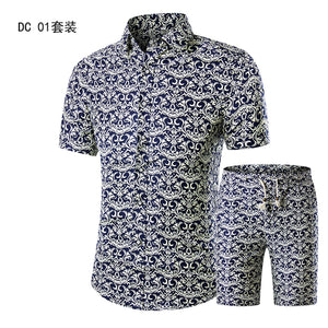 YASUGUOJI New Summer 2019 Fashion Floral Print Two Piece Suit Pant Slim Fit Short Sleeve Shirt with Shorts 2 Piece Men Sets