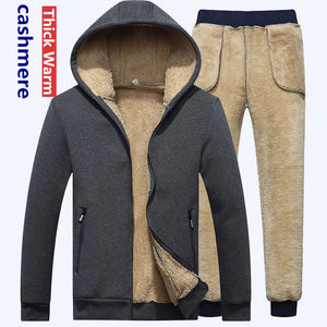 with free gift Winter Men Set Warm Thick Hooded Jacket+Pants 2PC Sets Men Lamb cashmere Hoodies Zipper Tracksuit Man Sports Suit